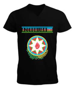 Azerbaycan,Azerbaijan,Azerbaycan Bayrağı,Azerbaycan logosu. Siyah Erkek Kısa Kol V Yaka Tişört