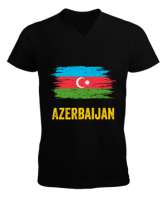 Azerbaycan,Azerbaijan,Azerbaycan Bayrağı,Azerbaycan logosu. Siyah Erkek Kısa Kol V Yaka Tişört - Thumbnail