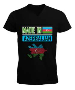 Azerbaycan,Azerbaijan,Azerbaycan Bayrağı,Azerbaycan logosu. Siyah Erkek Kısa Kol V Yaka Tişört