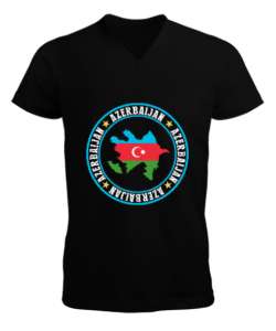 Azerbaycan,Azerbaijan,Azerbaycan Bayrağı,Azerbaycan logosu. Siyah Erkek Kısa Kol V Yaka Tişört