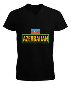 Azerbaycan,Azerbaijan,Azerbaycan Bayrağı,Azerbaycan logosu. Siyah Erkek Kısa Kol V Yaka Tişört