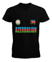 Azerbaycan,Azerbaijan,Azerbaycan Bayrağı,Azerbaycan logosu. Siyah Erkek Kısa Kol V Yaka Tişört - Thumbnail