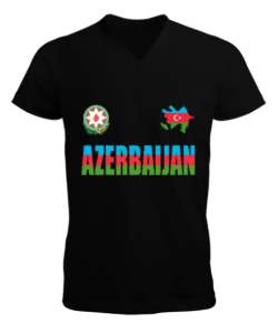 Azerbaycan,Azerbaijan,Azerbaycan Bayrağı,Azerbaycan logosu. Siyah Erkek Kısa Kol V Yaka Tişört