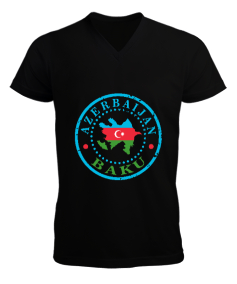 Tisho - Azerbaycan,Azerbaijan,Azerbaycan Bayrağı,Azerbaycan logosu. Siyah Erkek Kısa Kol V Yaka Tişört