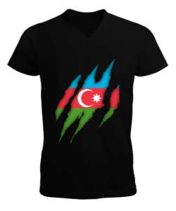 Azerbaycan,Azerbaijan,Azerbaycan Bayrağı,Azerbaycan logosu. Siyah Erkek Kısa Kol V Yaka Tişört