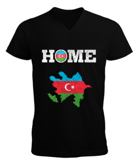 Tisho - Azerbaycan,Azerbaijan,Azerbaycan Bayrağı,Azerbaycan logosu. Siyah Erkek Kısa Kol V Yaka Tişört