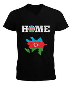 Azerbaycan,Azerbaijan,Azerbaycan Bayrağı,Azerbaycan logosu. Siyah Erkek Kısa Kol V Yaka Tişört