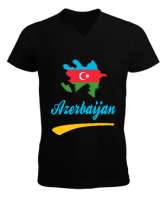 Azerbaycan,Azerbaijan,Azerbaycan Bayrağı,Azerbaycan logosu. Siyah Erkek Kısa Kol V Yaka Tişört - Thumbnail