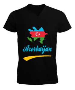 Azerbaycan,Azerbaijan,Azerbaycan Bayrağı,Azerbaycan logosu. Siyah Erkek Kısa Kol V Yaka Tişört