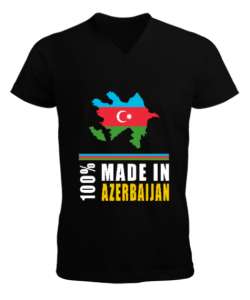 Azerbaycan,Azerbaijan,Azerbaycan Bayrağı,Azerbaycan logosu. Siyah Erkek Kısa Kol V Yaka Tişört