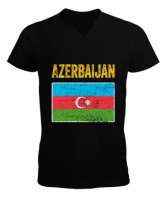 Azerbaycan,Azerbaijan,Azerbaycan Bayrağı,Azerbaycan logosu. Siyah Erkek Kısa Kol V Yaka Tişört - Thumbnail