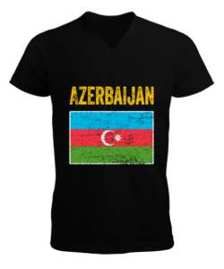 Azerbaycan,Azerbaijan,Azerbaycan Bayrağı,Azerbaycan logosu. Siyah Erkek Kısa Kol V Yaka Tişört