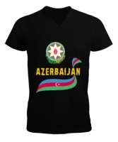 Azerbaycan,Azerbaijan,Azerbaycan Bayrağı,Azerbaycan logosu. Siyah Erkek Kısa Kol V Yaka Tişört - Thumbnail