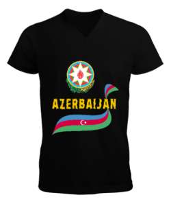 Azerbaycan,Azerbaijan,Azerbaycan Bayrağı,Azerbaycan logosu. Siyah Erkek Kısa Kol V Yaka Tişört