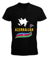 Azerbaycan,Azerbaijan,Azerbaycan Bayrağı,Azerbaycan logosu. Siyah Erkek Kısa Kol V Yaka Tişört - Thumbnail