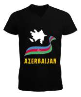 Azerbaycan,Azerbaijan,Azerbaycan Bayrağı,Azerbaycan logosu. Siyah Erkek Kısa Kol V Yaka Tişört - Thumbnail