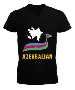 Azerbaycan,Azerbaijan,Azerbaycan Bayrağı,Azerbaycan logosu. Siyah Erkek Kısa Kol V Yaka Tişört