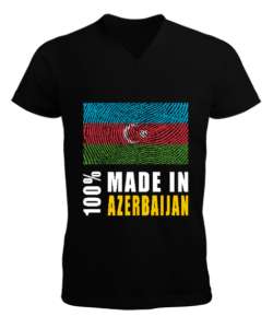 Azerbaycan,Azerbaijan,Azerbaycan Bayrağı,Azerbaycan logosu. Siyah Erkek Kısa Kol V Yaka Tişört