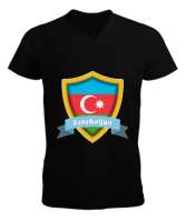 Azerbaycan,Azerbaijan,Azerbaycan Bayrağı,Azerbaycan logosu. Siyah Erkek Kısa Kol V Yaka Tişört - Thumbnail