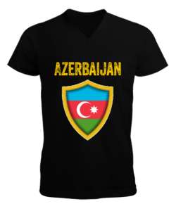 Azerbaycan,Azerbaijan,Azerbaycan Bayrağı,Azerbaycan logosu. Siyah Erkek Kısa Kol V Yaka Tişört