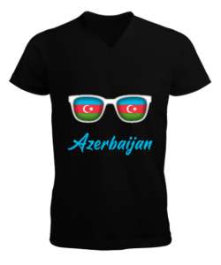 Azerbaycan,Azerbaijan,Azerbaycan Bayrağı,Azerbaycan logosu. Siyah Erkek Kısa Kol V Yaka Tişört