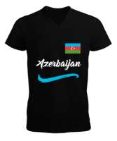 Azerbaycan,Azerbaijan,Azerbaycan Bayrağı,Azerbaycan logosu. Siyah Erkek Kısa Kol V Yaka Tişört - Thumbnail