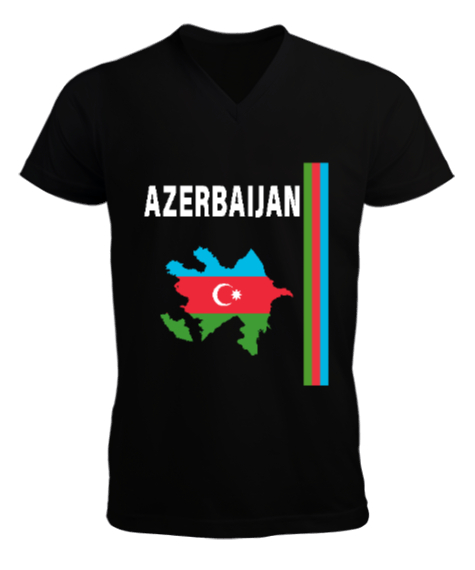 Tisho - Azerbaycan,Azerbaijan,Azerbaycan Bayrağı,Azerbaycan logosu. Siyah Erkek Kısa Kol V Yaka Tişört