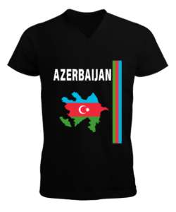 Azerbaycan,Azerbaijan,Azerbaycan Bayrağı,Azerbaycan logosu. Siyah Erkek Kısa Kol V Yaka Tişört