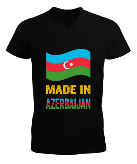 Tisho - Azerbaycan,Azerbaijan,Azerbaycan Bayrağı,Azerbaycan logosu. Siyah Erkek Kısa Kol V Yaka Tişört