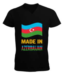 Azerbaycan,Azerbaijan,Azerbaycan Bayrağı,Azerbaycan logosu. Siyah Erkek Kısa Kol V Yaka Tişört