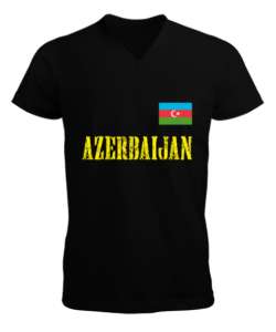 Azerbaycan,Azerbaijan,Azerbaycan Bayrağı,Azerbaycan logosu. Siyah Erkek Kısa Kol V Yaka Tişört