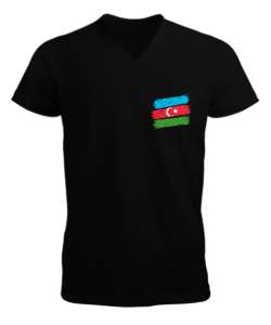 Azerbaycan,Azerbaijan,Azerbaycan Bayrağı,Azerbaycan logosu. Siyah Erkek Kısa Kol V Yaka Tişört