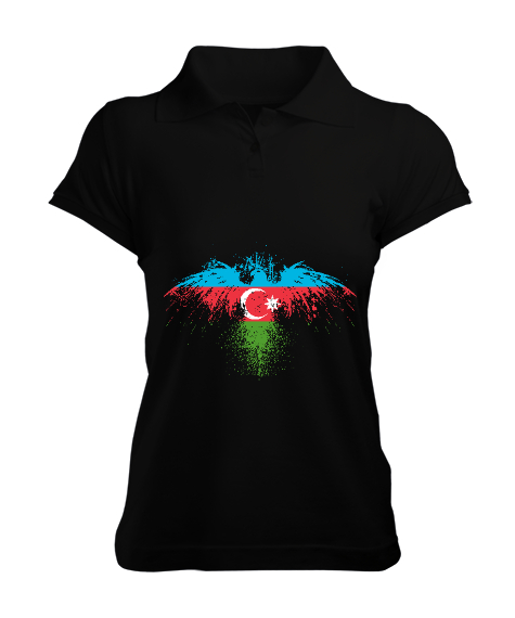 Tisho - Azerbaycan,Azerbaijan,Azerbaycan Bayrağı,Azerbaycan logosu. Siyah Kadın Polo Yaka Tişört