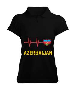 Azerbaycan,Azerbaijan,Azerbaycan Bayrağı,Azerbaycan logosu. Siyah Kadın Polo Yaka Tişört