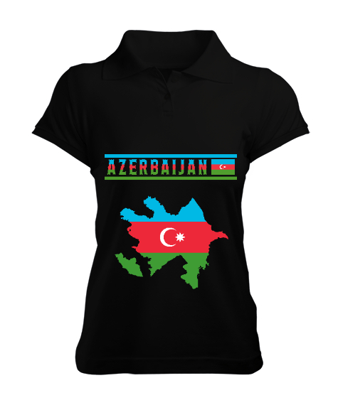 Tisho - Azerbaycan,Azerbaijan,Azerbaycan Bayrağı,Azerbaycan logosu. Siyah Kadın Polo Yaka Tişört