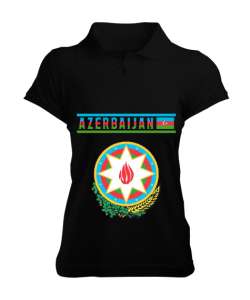 Azerbaycan,Azerbaijan,Azerbaycan Bayrağı,Azerbaycan logosu. Siyah Kadın Polo Yaka Tişört