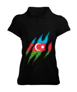 Azerbaycan,Azerbaijan,Azerbaycan Bayrağı,Azerbaycan logosu. Siyah Kadın Polo Yaka Tişört