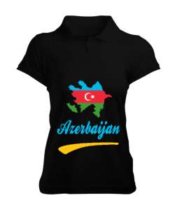 Azerbaycan,Azerbaijan,Azerbaycan Bayrağı,Azerbaycan logosu. Siyah Kadın Polo Yaka Tişört