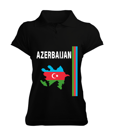 Tisho - Azerbaycan,Azerbaijan,Azerbaycan Bayrağı,Azerbaycan logosu. Siyah Kadın Polo Yaka Tişört