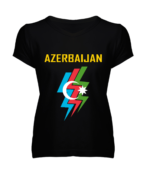 Tisho - Azerbaycan,Azerbaijan,Azerbaycan Bayrağı,Azerbaycan logosu. Siyah Kadın V Yaka Tişört