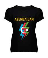 Azerbaycan,Azerbaijan,Azerbaycan Bayrağı,Azerbaycan logosu. Siyah Kadın V Yaka Tişört - Thumbnail