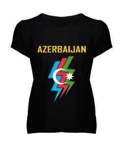 Azerbaycan,Azerbaijan,Azerbaycan Bayrağı,Azerbaycan logosu. Siyah Kadın V Yaka Tişört