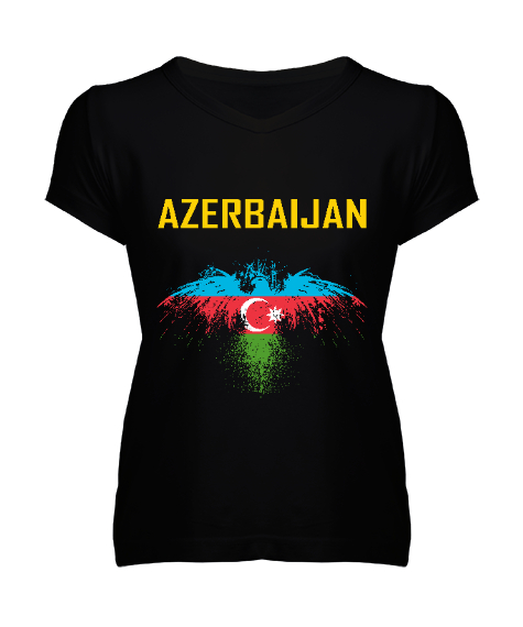 Tisho - Azerbaycan,Azerbaijan,Azerbaycan Bayrağı,Azerbaycan logosu. Siyah Kadın V Yaka Tişört