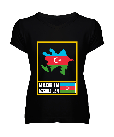 Tisho - Azerbaycan,Azerbaijan,Azerbaycan Bayrağı,Azerbaycan logosu. Siyah Kadın V Yaka Tişört