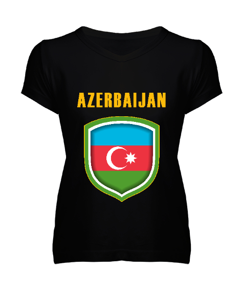 Tisho - Azerbaycan,Azerbaijan,Azerbaycan Bayrağı,Azerbaycan logosu. Siyah Kadın V Yaka Tişört