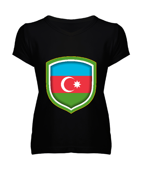 Tisho - Azerbaycan,Azerbaijan,Azerbaycan Bayrağı,Azerbaycan logosu. Siyah Kadın V Yaka Tişört