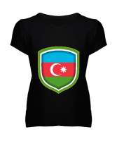 Azerbaycan,Azerbaijan,Azerbaycan Bayrağı,Azerbaycan logosu. Siyah Kadın V Yaka Tişört - Thumbnail