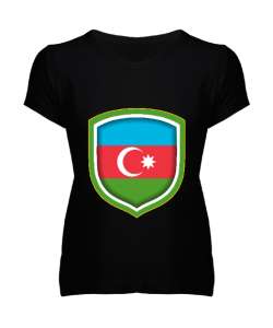 Azerbaycan,Azerbaijan,Azerbaycan Bayrağı,Azerbaycan logosu. Siyah Kadın V Yaka Tişört