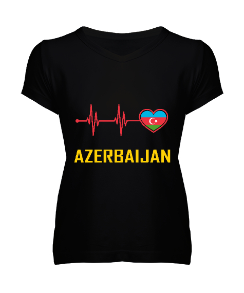 Tisho - Azerbaycan,Azerbaijan,Azerbaycan Bayrağı,Azerbaycan logosu. Siyah Kadın V Yaka Tişört