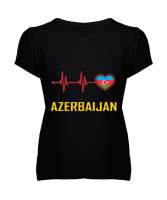 Azerbaycan,Azerbaijan,Azerbaycan Bayrağı,Azerbaycan logosu. Siyah Kadın V Yaka Tişört - Thumbnail